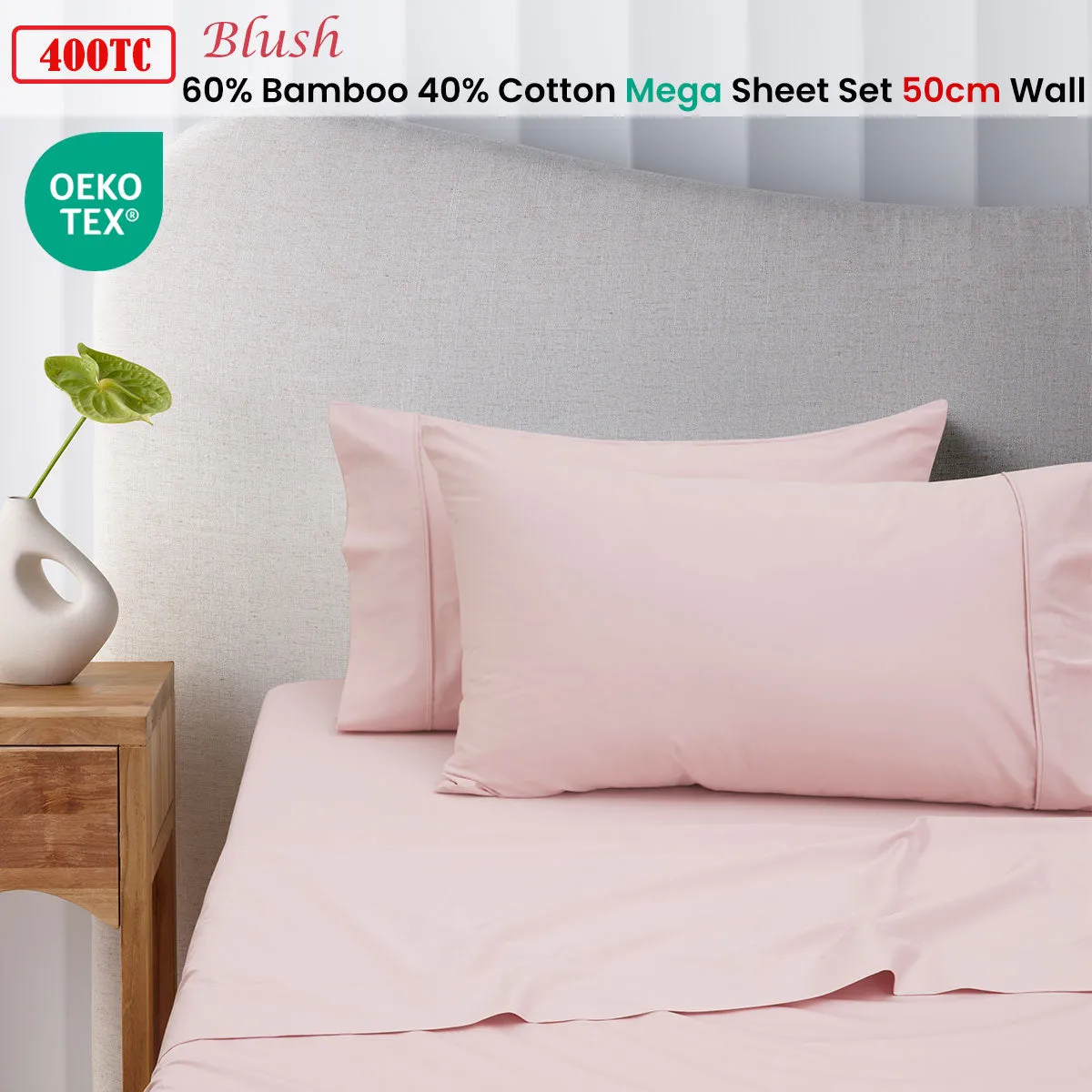 400TC Blush Bamboo Cotton Mega/Super Sheet Set | 50cm Wall | Queen