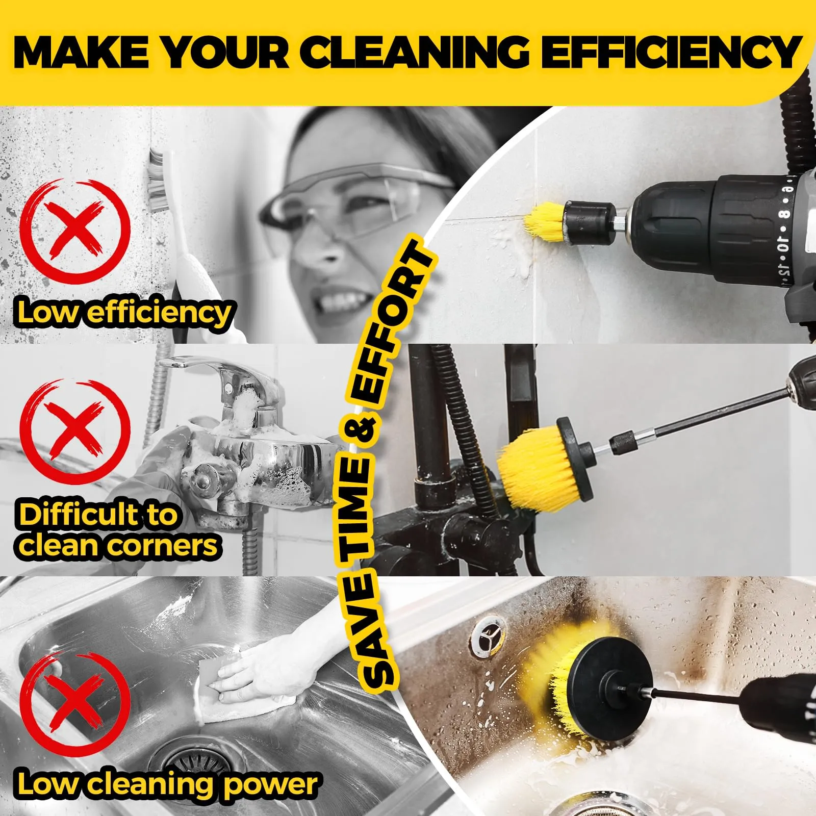 Holikme 6Pack Cleaning Brush Power Scrubber Cleaning Brush Extended Long Attachment Set All Purpose Scrub Brushes Kit for Grout, Floor, Tub, Shower, Tile, Bathroom,Car Cleaning BrushYellow