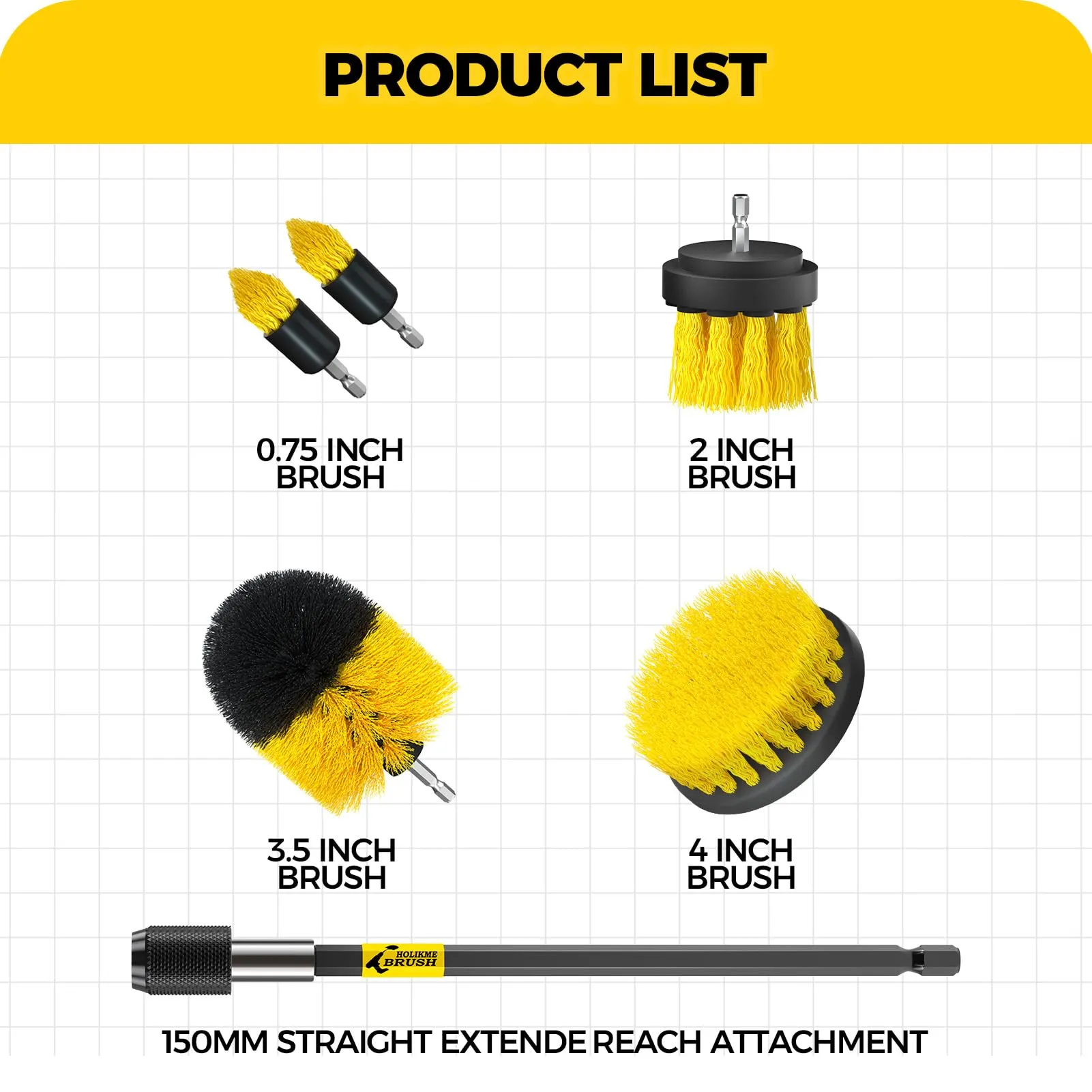 Holikme 6Pack Cleaning Brush Power Scrubber Cleaning Brush Extended Long Attachment Set All Purpose Scrub Brushes Kit for Grout, Floor, Tub, Shower, Tile, Bathroom,Car Cleaning BrushYellow