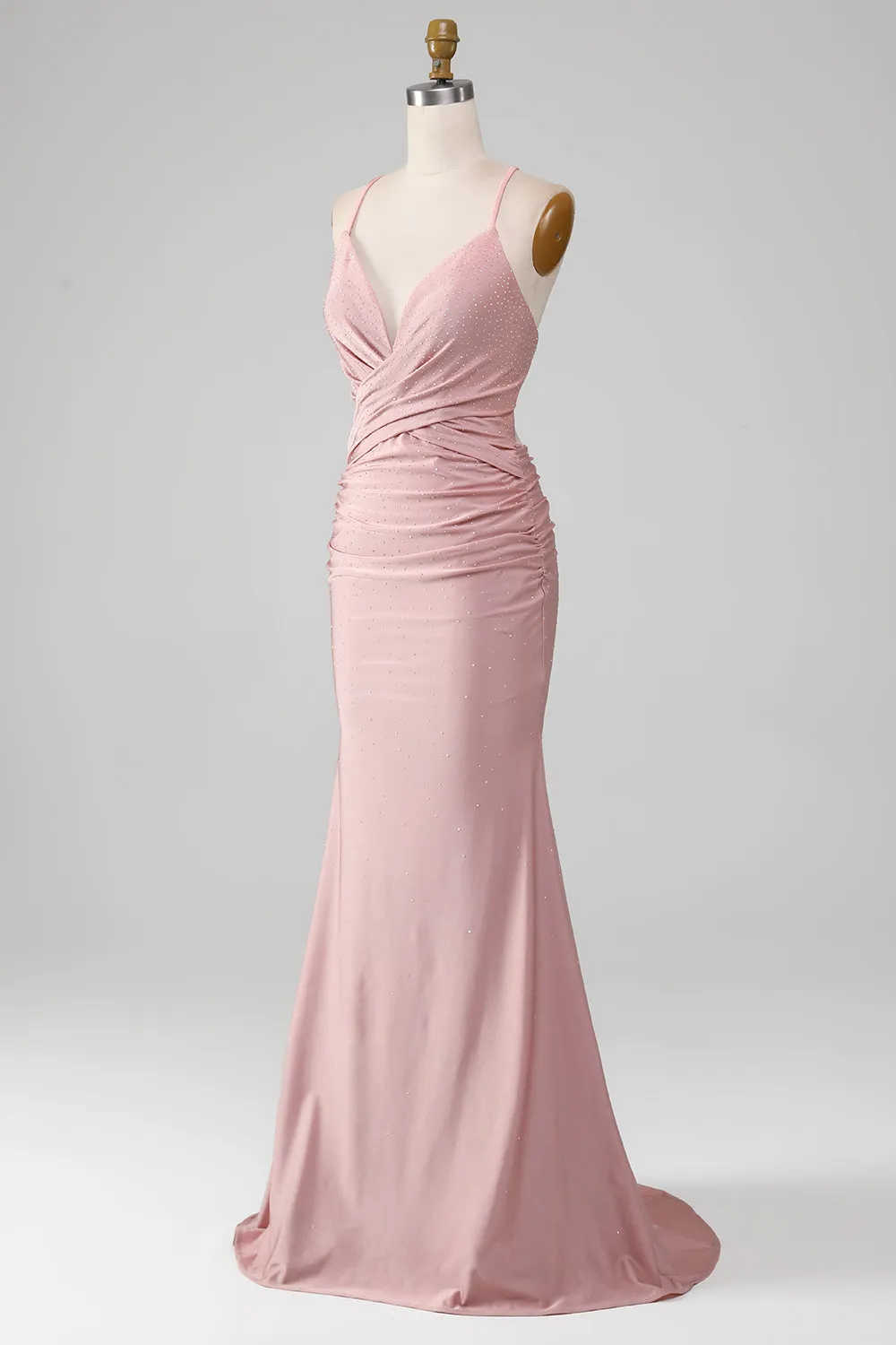 Luolandi Blush Beaded Long Mermaid Prom Dress V-neck Sexy Evening Dress Party Dress