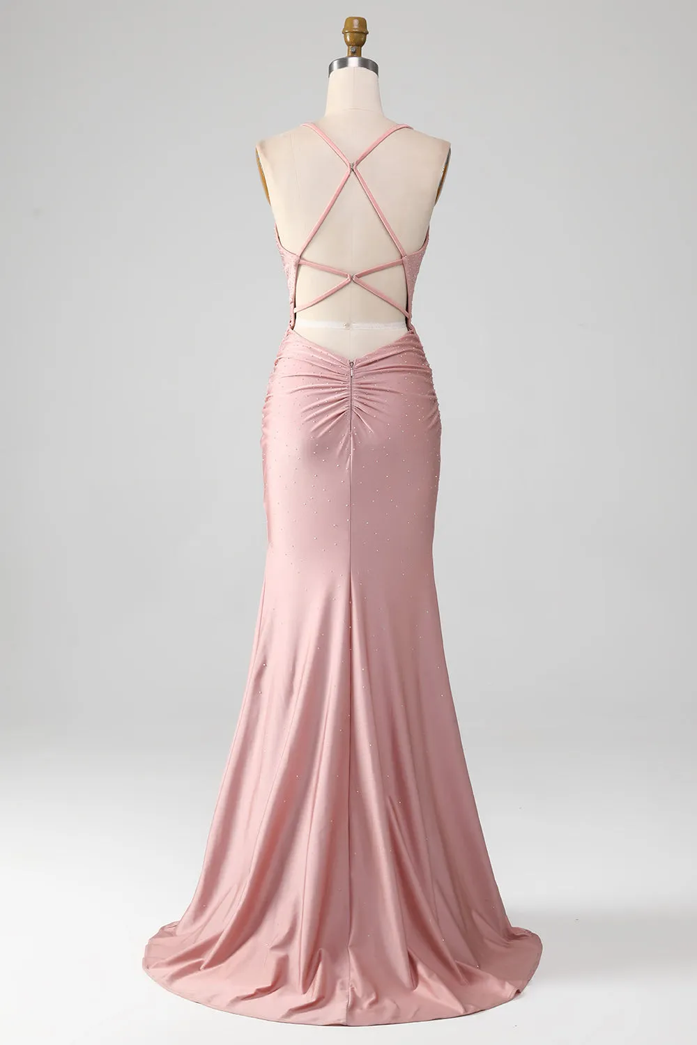 Luolandi Blush Beaded Long Mermaid Prom Dress V-neck Sexy Evening Dress Party Dress