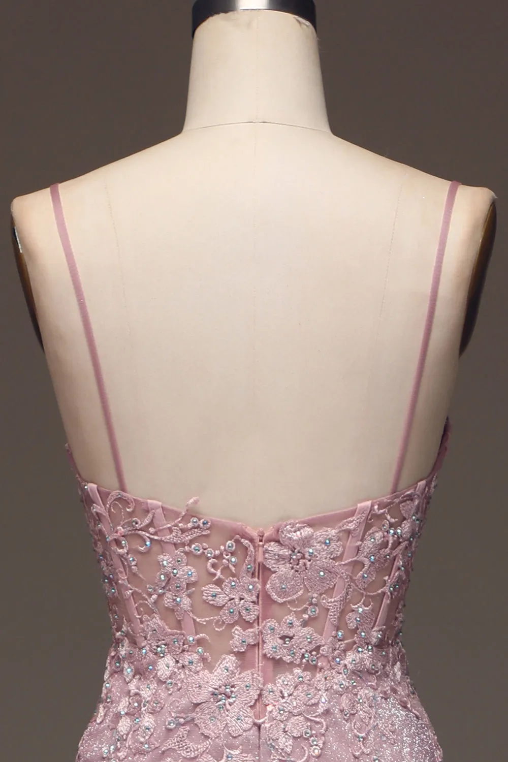 Luolandi Blush Beaded Mermaid Spaghetti Straps Long Prom Dress Sparkly Evening Dress