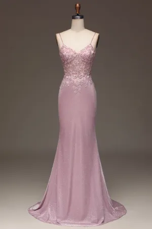 Luolandi Blush Beaded Mermaid Spaghetti Straps Long Prom Dress Sparkly Evening Dress