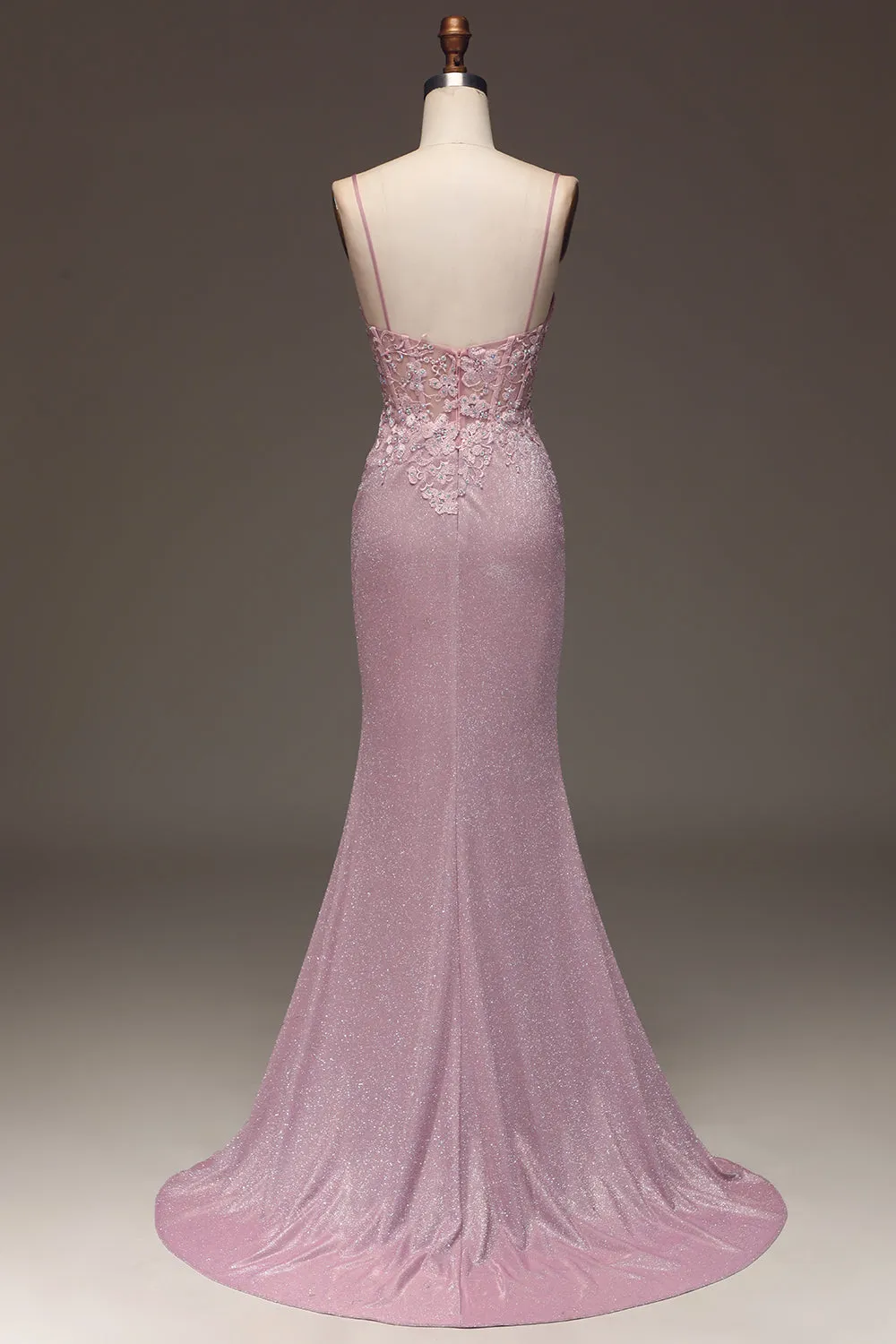 Luolandi Blush Beaded Mermaid Spaghetti Straps Long Prom Dress Sparkly Evening Dress