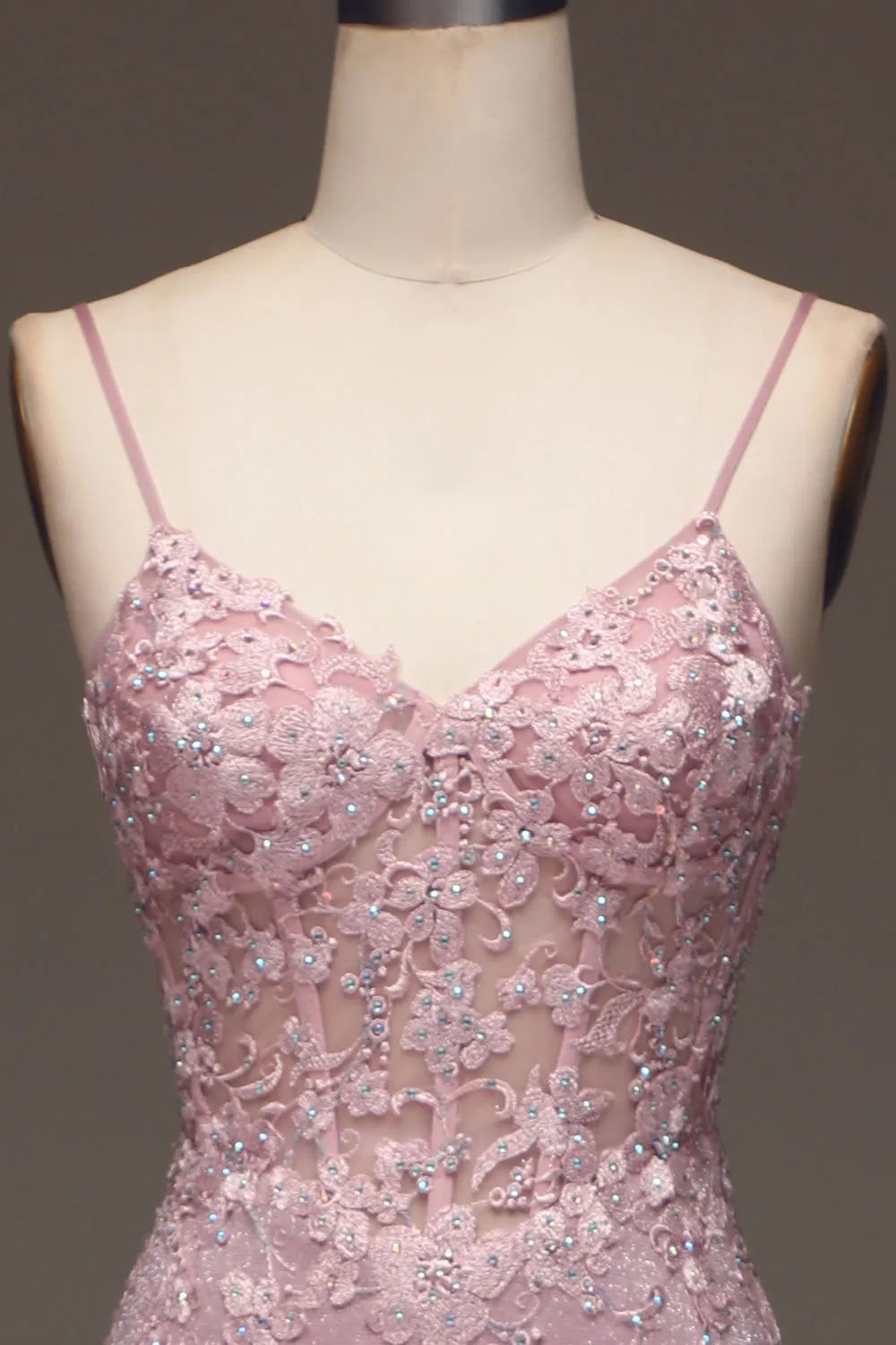 Luolandi Blush Beaded Mermaid Spaghetti Straps Long Prom Dress Sparkly Evening Dress