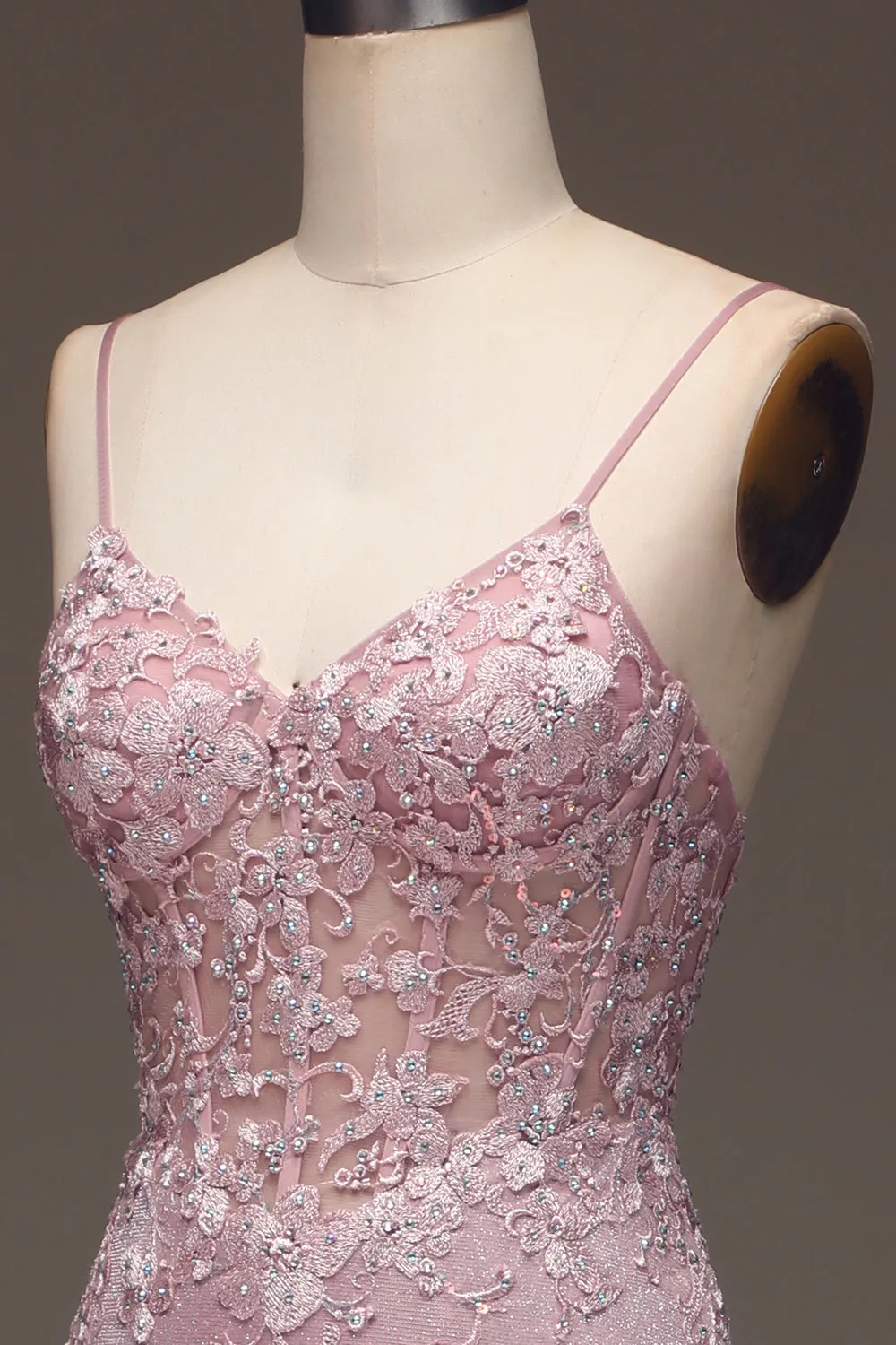Luolandi Blush Beaded Mermaid Spaghetti Straps Long Prom Dress Sparkly Evening Dress